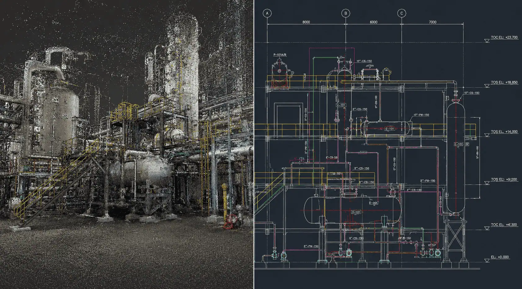 Industrial point cloud scan alongside a measured CAD drawing output